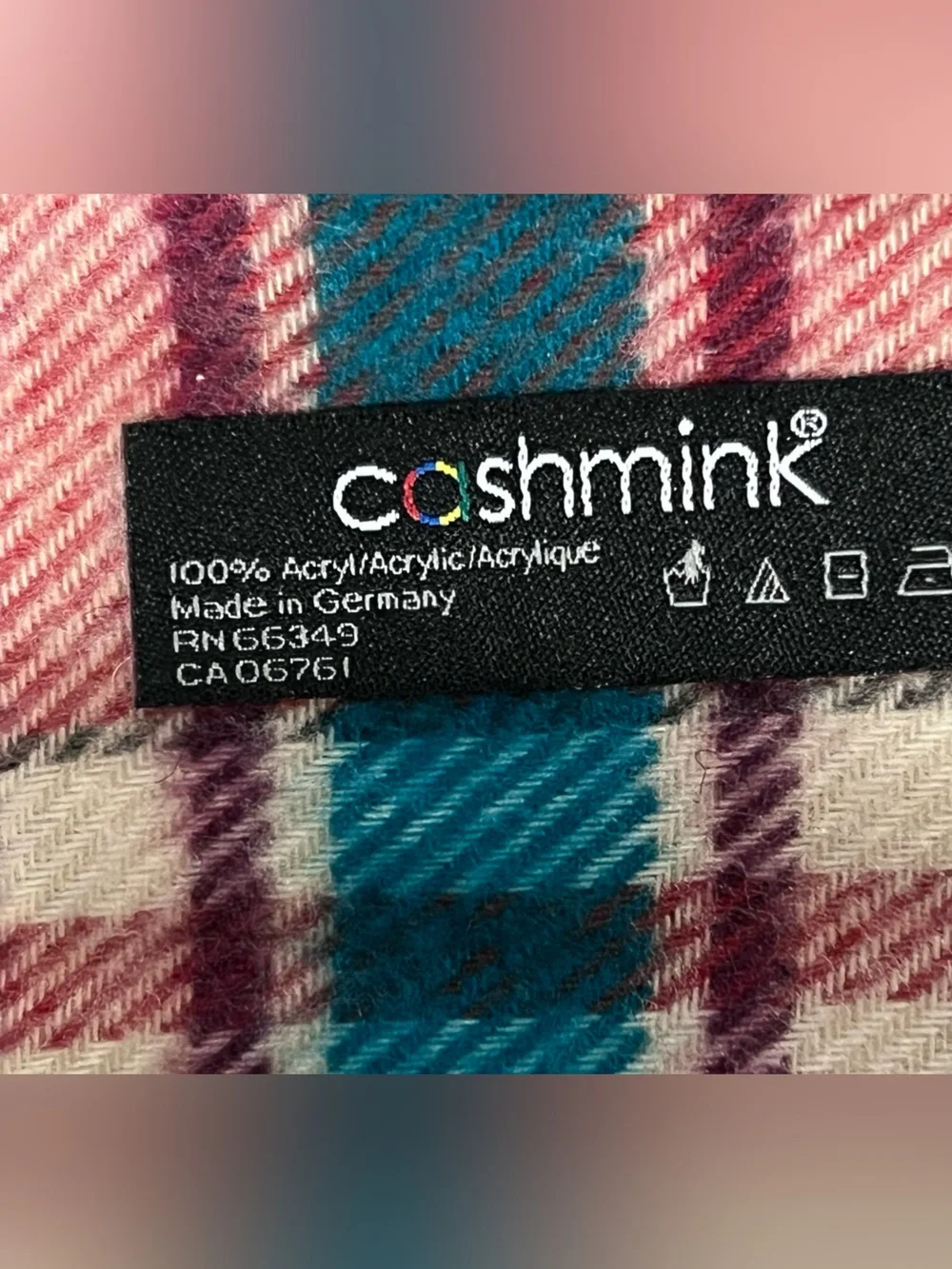 Cashmink Made in Germany Multicolor Plaid Fringe Scarf 65”